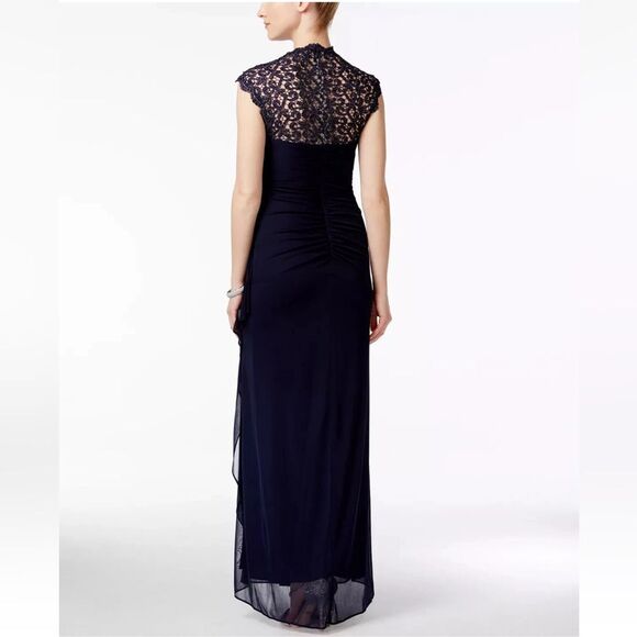 Xscape Stand-Collar Illusion Back Navy Blue Formal Gown Size 16W Ruched Lace NEW - Picture 16 of 16
